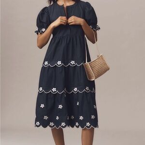 Anthropologie Navy and White Floral embroidered Midi Dress